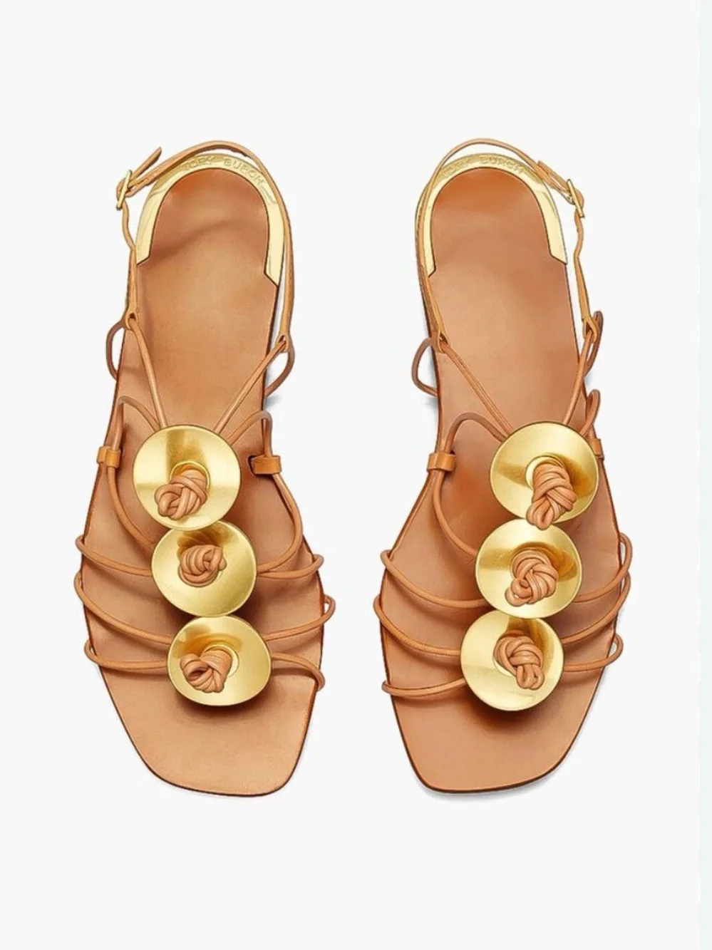 Tory Burch Artisanal Knot Tan Leather Sandal with Gold Accents